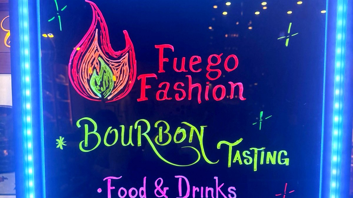 Fuego Fashion Bourbon Tasting event sign at Casa Del Tabaco