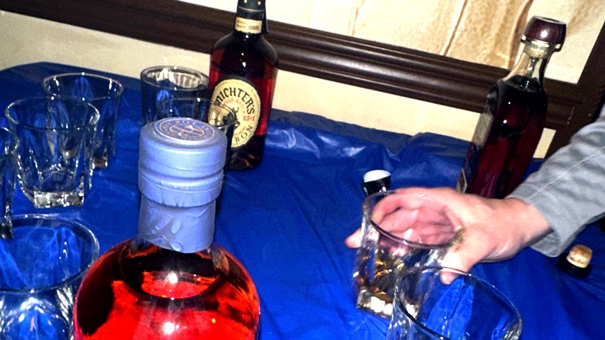 Heaven Hill Bottled-in-Bond bourbon and tasting glasses at the bourbon station